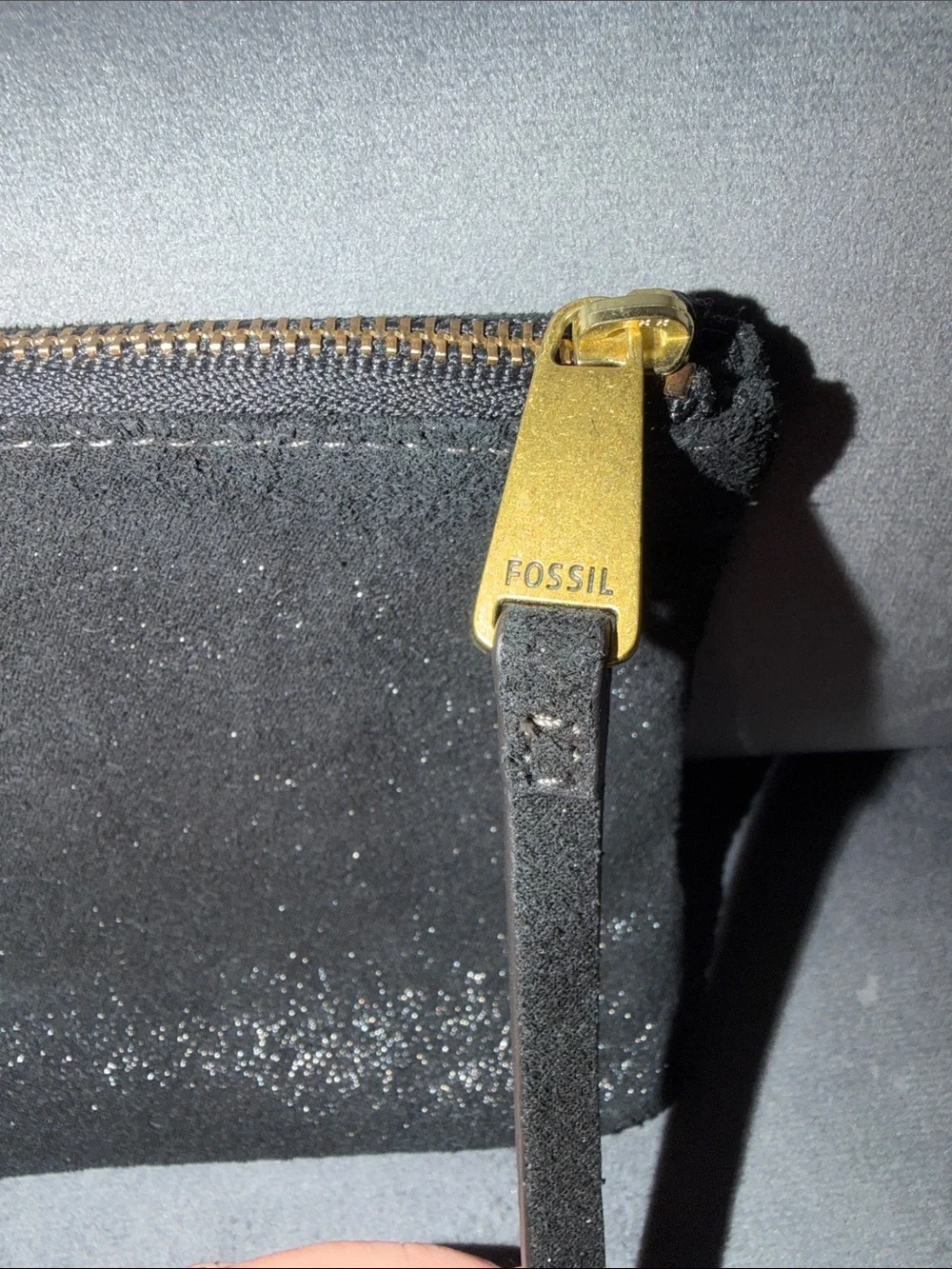 Fossil Black Leather Shimmery Suede Zippered Wristlet SL6818